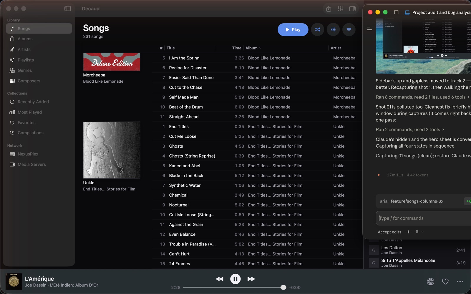 Decaud playing a DSD128 vinyl rip: the library with album covers and the now-playing rail showing the source badge