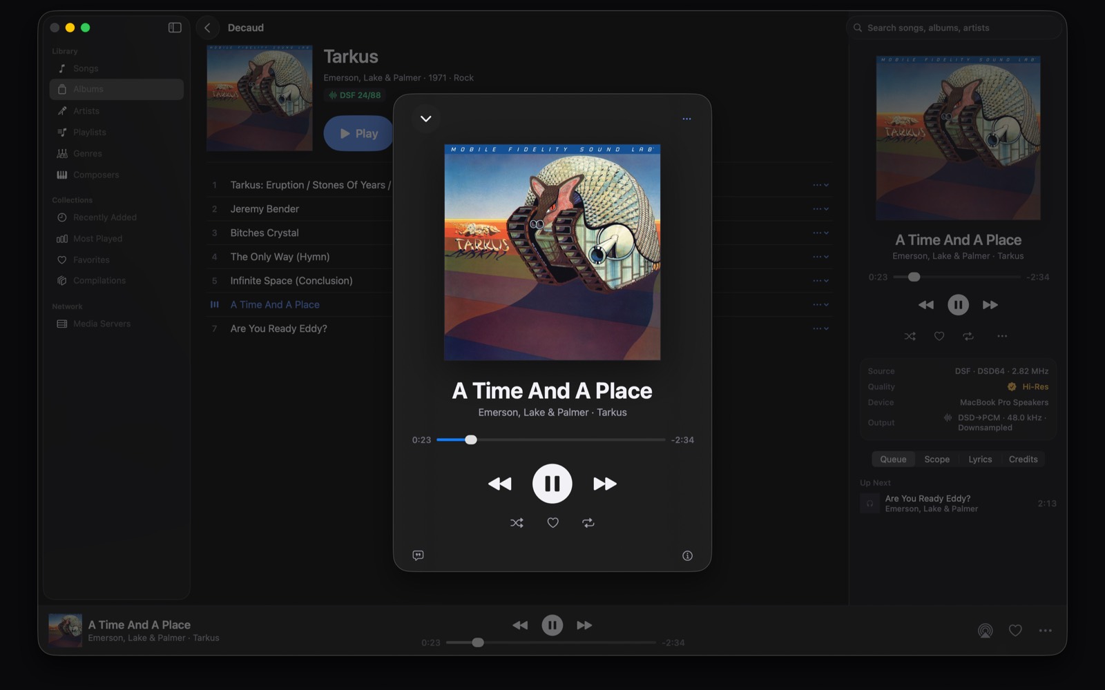 Now playing with the source, quality, device, and output chain