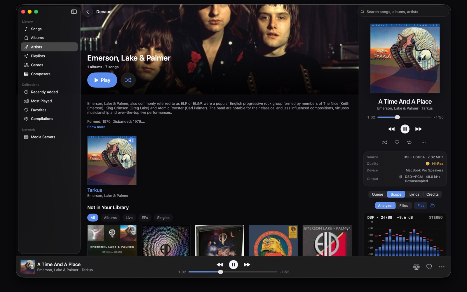 An artist page with photo, bio, and discography