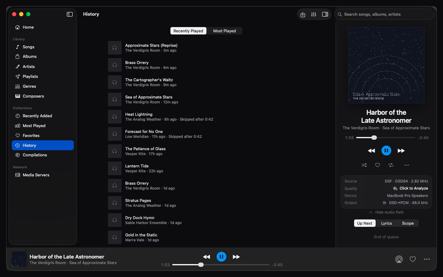 Listening history: recently played and most played, recorded privately on this device