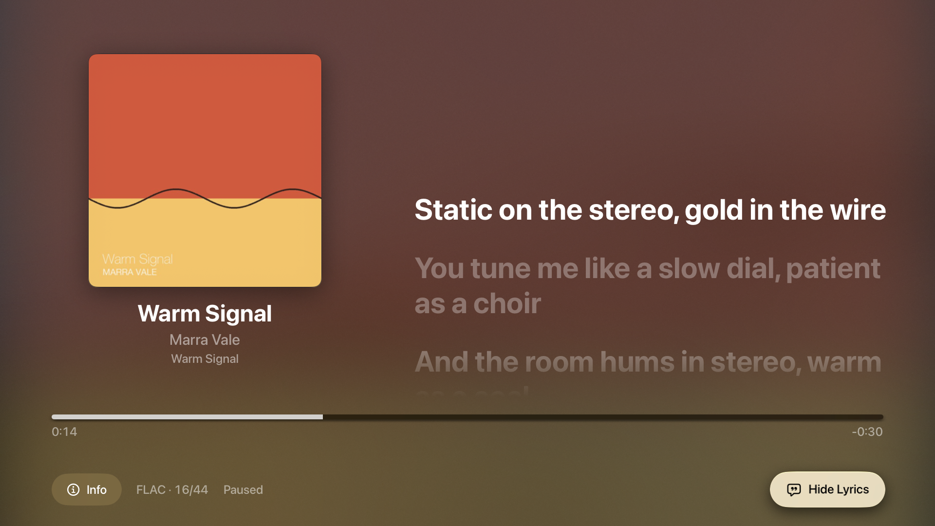 Decaud on Apple TV showing Warm Signal, its timeline, and a highlighted line from the bundled demo lyrics